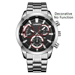 Business men's quartz watch with silver steel strap and black multi-functional dial