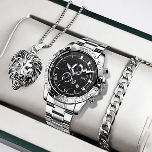 Men Business Quartz Watch Roman Numeral Calendar Stainless Steel Strap With Lion Head Pendant Necklace And Link Bracelet