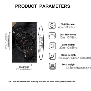 SOKI men's black leather sport watch with 45mm dial and detailed technical parameters