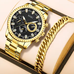 SOKI Montre à Quartz Business pour Hommes Or Acier Inoxydable Ensemble Avec Bracelet Maille Gourmette Cadran Noir Calendrier