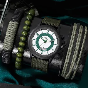 Men's SOKI quartz watch set with green dial, nylon strap, and three layered bracelets