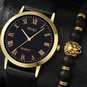 Herren Business Sport Quarzuhren Set Goldgehäuse Römische Ziffern Schwarzes PU Lederarmband Mit Löwenkopf Perlenarmband Geschenk