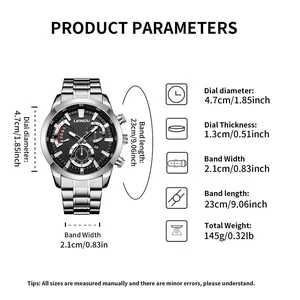 Detailed size chart showing dial diameter, thickness, and band length for men's steel watch