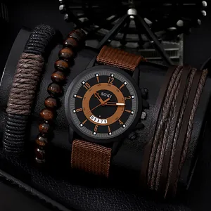 SOKI men's military quartz watch with date display and matching bead bracelet set