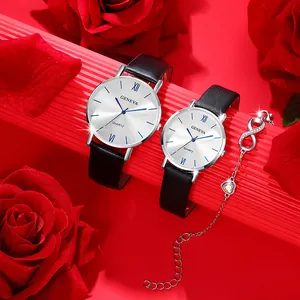 Elegant pair of silver quartz watches with black leather straps and infinity bracelet