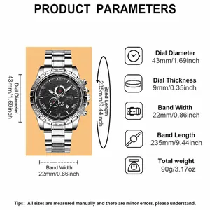 SOKI men's steel business watch with 43mm black dial and technical size specifications