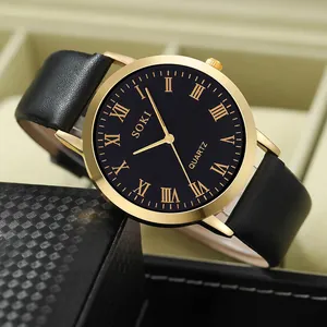 SOKI Herren Quarz Sportuhr mit schwarzem Lederarmband und Goldgehäuse in Geschenkbox