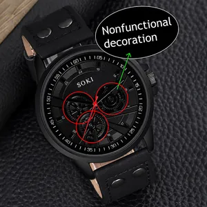 Macro shot of SOKI black quartz watch featuring a triple sub-dial and rivet leather strap