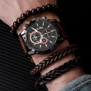 Montre à Quartz de Sport Militaire SOKI pour Hommes Avec Bracelet en Nylon Brun Calendrier Et Bracelet en Cuir Tressé