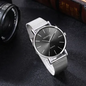 Minimalist Geneva silver mesh band watch with black sunray dial and metal indices