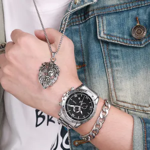Mens SOKI quartz watch set with silver lion pendant necklace and Cuban link bracelet