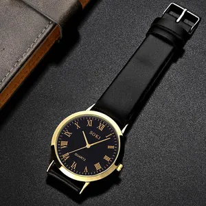 SOKI Herren-Quarzuhr mit goldenem Gehäuse, schwarzem Zifferblatt und Lederarmband