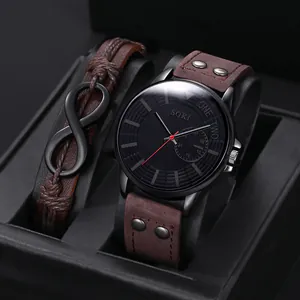 Montre à Quartz Homme Affaires Mode Avec Bracelet en Cuir Vintage à Rivets Montre à Calendrier et Bracelet à Breloque Infini et Plume Bijoux Cadeau