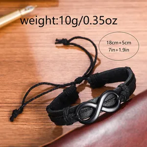 Detail view of infinity black leather woven bracelet with weight and size specifications