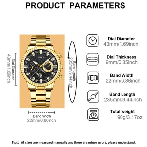 Montre homme dorée avec cadran noir et bracelet métal, détails de boîtier 43mm