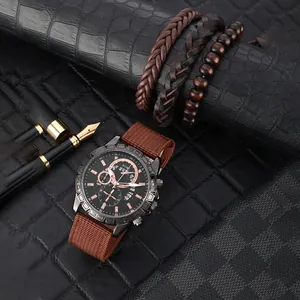 Montre à quartz pour hommes avec bracelet en nylon marron et ensemble de bracelets