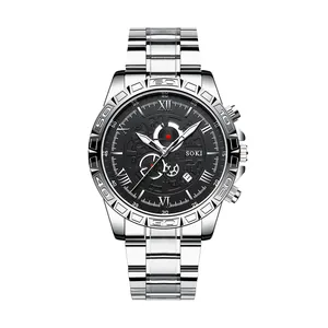 SOKI men's stainless steel business watch with black dial and Roman numerals on white background
