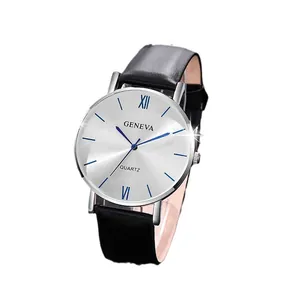 Elegant quartz wristwatch set with silver brushed dial and black leather strap for couples