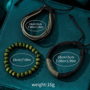 Detailed view of 3-piece vintage men's bracelets with green beads and braided cord straps