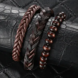 Ensemble de trois bracelets pour hommes en cuir tressé vintage et perles de bois foncé