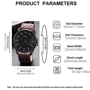 Montre à quartz pour hommes avec cadran noir et bracelet en cuir marron à rivets