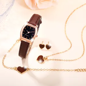 Set orologio al quarzo da donna con cinturino in pelle marrone, collana e bracciale a cuore