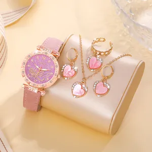 Women Fashion Quartz Watch Jewelry Set Pink Heart Necklace Earrings Ring With Rhinestone Accents Alloy PU Strap Lady Gift
