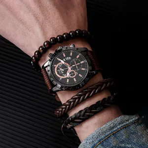 Coffret montre pour homme avec bracelet en toile marron et trois bracelets perlés
