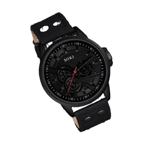 SOKI men's black quartz military sport watch with leather strap and silver rivets