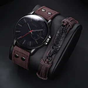 Montre SOKI homme business à quartz avec bracelet en cuir marron et bracelet à plume