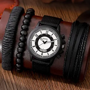 SOKI Men Military Quartz Watch With Calendar Nylon Strap And Wood Woven Leather Bracelets Tactical Sports Watch Bracelet Set