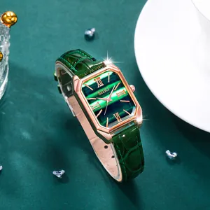 Elegant vintage women's quartz watch with rectangular green malachite dial and gold casing