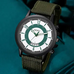 SOKI men's military quartz watch with green nylon strap and calendar display