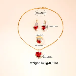 Detailed size chart for red heart jewelry set with gold necklace earrings and ring