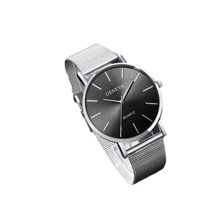 Minimalist quartz watch with silver mesh strap and black dial for couple fashion