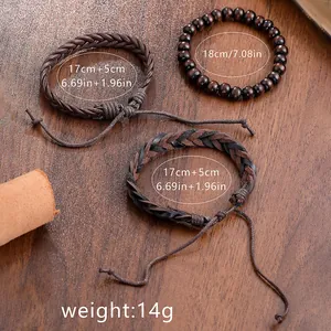 Ensemble de trois bracelets vintage en cuir tressé et perles de bois avec dimensions