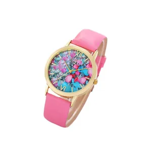 Fashionable women's quartz watch with pink leather strap and colorful crystal dial accents