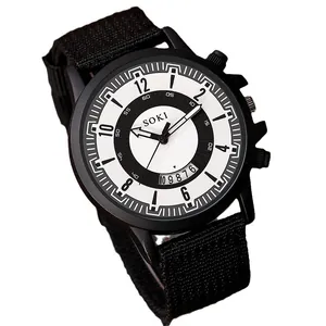 SOKI men's black military sport watch with nylon strap and date display on white background