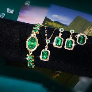 Luxury Women Watch Jewelry Set Emerald Green Faux Gemstone Necklace Earrings Ring Gold Plated Alloy Leaf Quartz Wristwatch