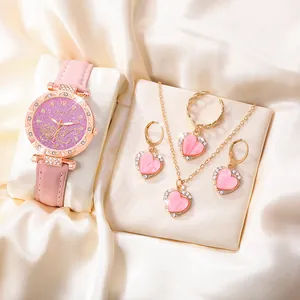 Women's quartz watch gift set with pink heart jewelry and matching leather strap