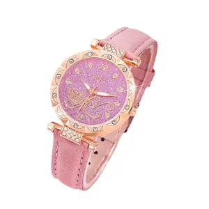 Elegant rose gold women's quartz watch with pink glitter heart dial and crystal bezel