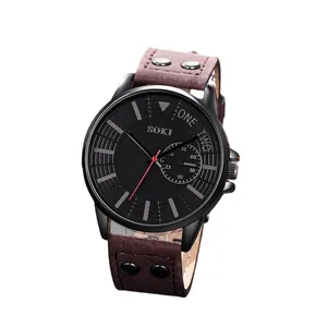 Montre à quartz SOKI pour homme avec calendrier et bracelet en cuir marron