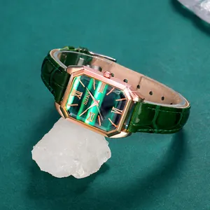 Elegant rectangular rose gold quartz watch with green malachite dial and leather strap