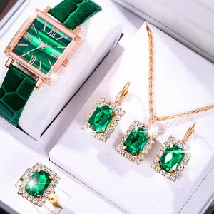 Ensemble Bijoux Montre à Quartz Mode Femme Cadran Carré Vert Bracelet Cuir Collier Boucles d'Oreilles Bague Strass Plaqué Or