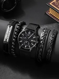 Chronograaf horlogeset voor heren met zwarte geweven band en vier stijlvolle armbanden