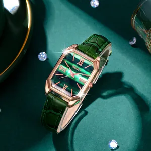 Elegant vintage rectangle ladies' watch with green malachite dial and gold roman numerals