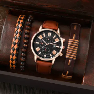 Men Business Casual Watch Bracelet Set With PU Leather Strap Alloy Case Quartz Wristwatch Calendar And Braided Wood Bead Bracelets