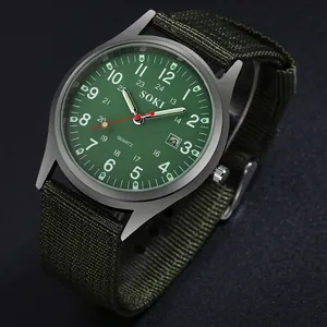 SOKI men's military sport watch with green canvas strap and date display function