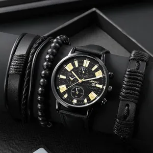 Men's quartz watch and black leather bracelet set with calendar display on black dial
