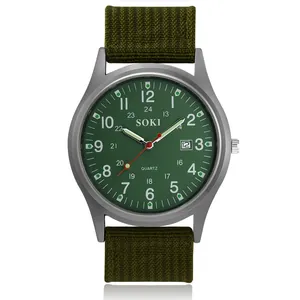 SOKI military quartz watch with green canvas strap and date display on white background